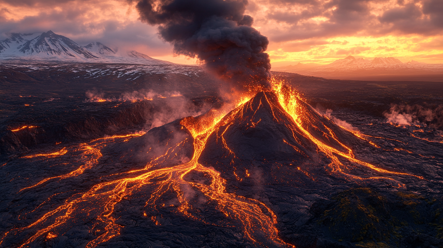 Dramatic aerial view of active volcano with flowing lava rivers and volcanic eruption in Iceland