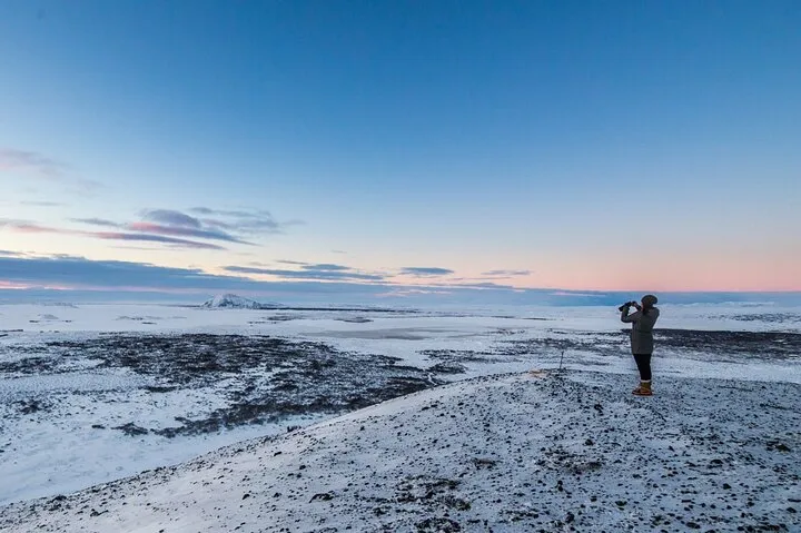 Sunrise from the rim of the Hverfjall tephra crater above Lake Myvatn on an Iceland volcano tour