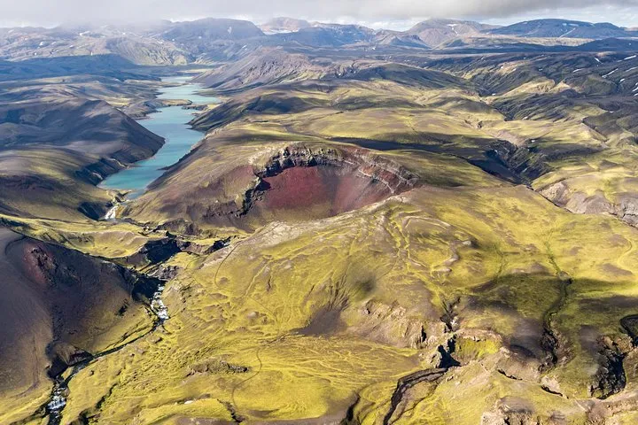 Aerial view of the Lakagigar crater row on a Laki craters sightseeing flight in Iceland